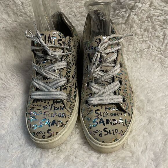 Ara women’s court yard sneakers gray with metallic graffiti style letters size 9 - Picture 1 of 9